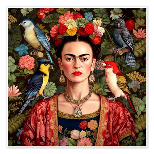 Frida Kahlo with Exotic Birds Poster de Mark Ashkenazi 70 x 70 cm Déco colorée Tableaux Décoration murale