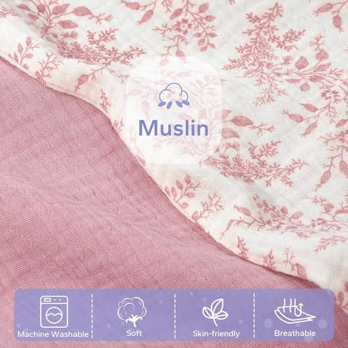 Image of FUNUPUP Muslin Baby Lounger Cover Only, Pink & Pink Leaves | 100% Muslin Cotton Soft Breathable Easy On /Off Envelope Closure Machine Washable Easy-Clean Protector Neutral Colors