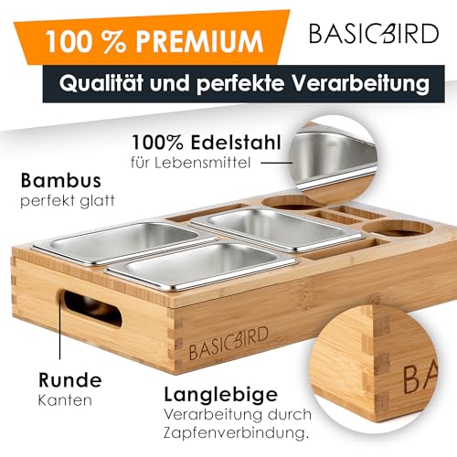 BASICBIRD® Couchbar Snackbox mit 3X Snackschale - Organizer Tablett - Snackspender - Holz Sofatablett für Sofa, Deko, Couch Bar mit Getränkehalter - Snackbox mit Fächern – Wohnmobilausstattung