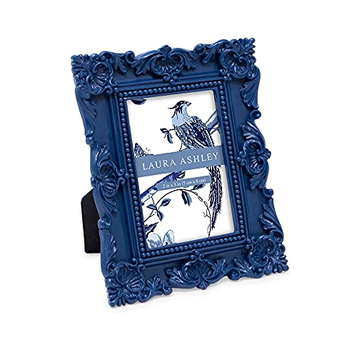 Laura Ashley 2X3 Navy Ornate Textured Hand-Crafted Resin Picture Frame With Easel, For Tabletop & Wall Display, Decorative Floral Design Home Décor, Photo Gallery, Art & More (2X3, Navy) #TOP3