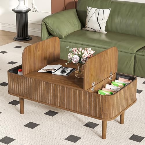 Image of Fluted Lift Top Coffee Table with Storage, Mid Century Modern Coffee Table for Living Room, Home Small Space,39.4 inch Fluted Center Table (Rectangle-Walnut, 39.4inch)