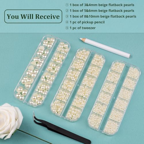 Image of 4 Boxes Flatback Pearls for Crafting, Flatback Beige Half Round Pearls 3-10mm with Pickup Pencil and Tweezer for Home DIY and Professional Nail Art, Face Makeup and Craft