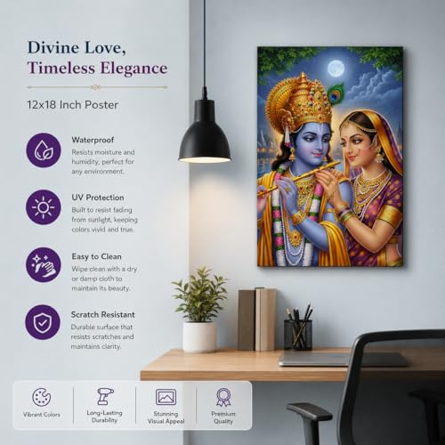Image of Rangoli Radha Krishna Self Adhesive Poster 12x18 Inch | Divine Hindu God Wall Sticker Poster for Home Temple Pooja Room Living Room Bedroom Decor | Spiritual Devotional Wall Art
