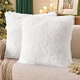 ANRODUO Pack of 2 White Throw Pillow Covers Luxury Fluffy Pillows Faux Fur Decorative Pillows Plush Cushion Case Fuzzy Mongolian Merin Style for Bed Couch Sofa Living Room Christmas Decor 18x18 Inch