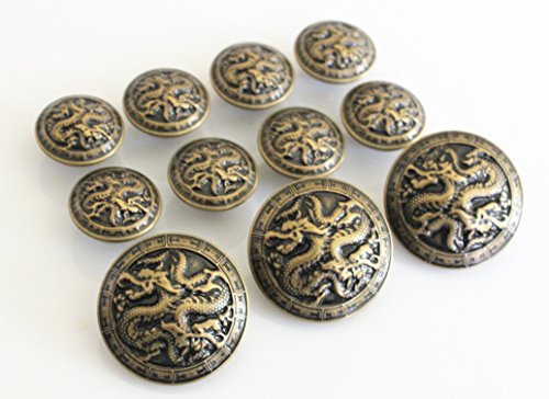 11 Pieces Antiqued Bronze (Brass) Metal Blazer Button Set - Dragon - for Blazer, Suits, Sport Coat, Uniform, Jacket