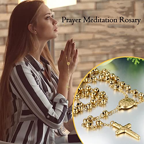 JewelryWe Sieraden roestvrij stalen hanger halsketting goud Jezus Christ kruis rozenkrans vintage ketting heren dames - Afbeelding 4