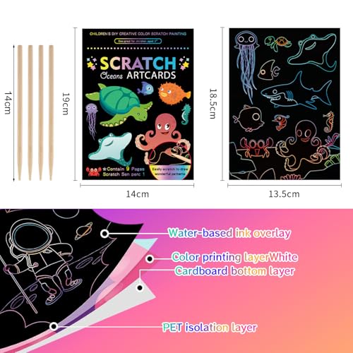Yoreva 4 Set Kratzbilder für Kinder, Magisches Regenbogen Kratzpapier, Kratzbuch Dinosaurier Weltraum Ozeane Tier mit Kratzstift, Scratch Book für Entspannen & Dekorieren