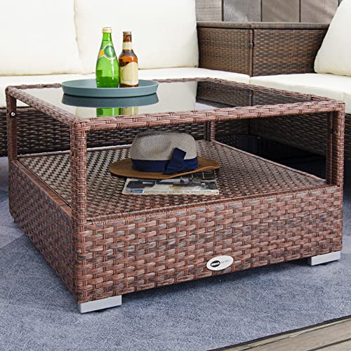 DIMAR-GARDEN-Outdoor-Coffee-Table-Wicker-Patio-Rattan-Side-Table-with-Glass-Top-and-Storage-Shelf295in-Mixed-Brown DIMAR GARDEN Outdoor Coffee Table Wicker Patio Rattan Side Table with Glass Top and Storage Shelf295in Mixed Brown