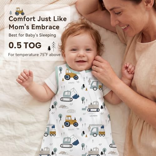 Image of Baby Sleep Sack 18-24 Months 0.5 Tog Baby Wearable Blanket 100% Cotton Sleeping Sack with 2-Way Zipper for Toddler Infant White Green Excavator