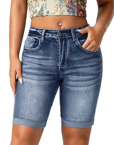 roswear Women's Denim Bermuda Shorts Mid Rise Stretchy Rolled Hem Long Jean Shorts Light Blue Large