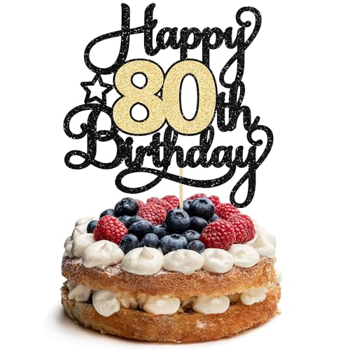 1Pc Happy 80th Birthday Cake Topper Black Gold Glitter Cheers to 80 Years Cake Pick 80th Birthday Cake Decoration for Happy 80th Birthday Anniversary Party Supplies