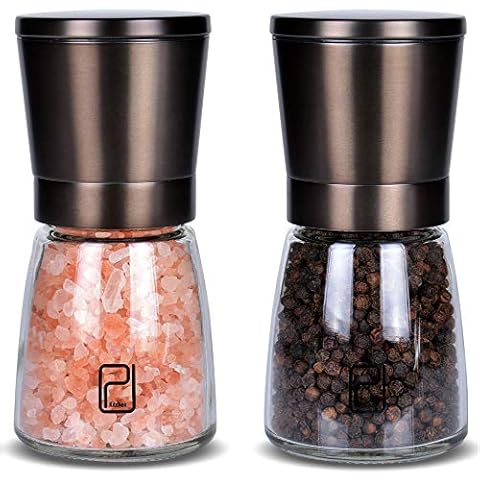 Premium Black Stainless Steel Salt and Pepper Grinder Set With Stand in Bamboo Wood - Gunmetal Salt and Pepper Shakers with Adjustable Coarseness - Bronze Pepper Mill and Salt Grinders Shaker set Cover