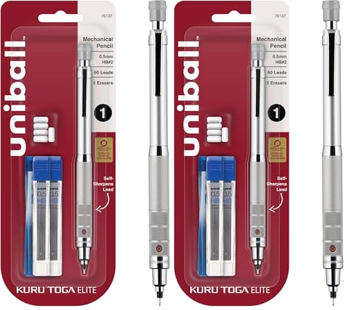 Image of UNI uniball Kuru Toga Elite Mechanical Pencil Starter Kit,0.5mm,HB #2,Silver Barrel,(Pack of 2)