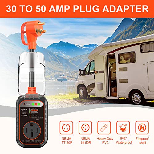 Image of EyGde 30 Amp to 50 Amp RV Adapter with Surge Protector - Upgraded NEMA TT-30P Male to 14-50R Female Plug, 30A to 50A RV Circuit Analyzer Power Protection with Waterproof Cover for 50Amp Camper Trailer