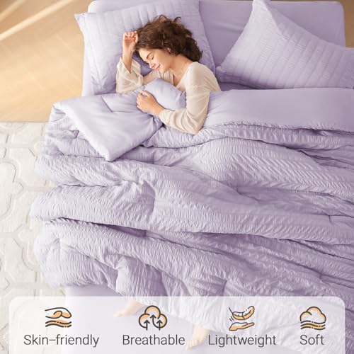 Image of MUXHOMO 7 Pieces Oversized King Comforter Set, Seersucker Bed in a Bag Oversized King Size, All Season Luxury Bedding Set with Comforter, Flat Sheet, Fitted Sheet, Pillowcases & Shams, Lavender