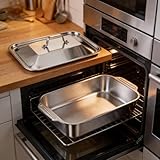 Commercial-Grade 18x11 Inch Stainless Steel Lasagna Pan with Lid & Handles, Nestable 3-Inch Baking Dish for Oven, Large Capacity Casserole Pan, Cooking up to 500°F