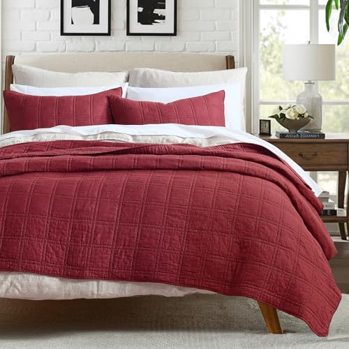HORIMOTE HOME 100% Cotton Quilt Set King Size Burgundy Red Pre-Washed Bedspreads Coverlet Set in Geometric Pattern Cozy Lightweight Stitching Decorative Bedding Cover with 2 Shams for All Season