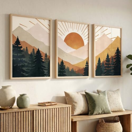 Image of kotart Boho Mountain View Framed Painting | Big Aesthetic Nature Inspired Framed Paintings for Living Room Bedroom Wall Decor Set Of 3 (20x30 Inch)