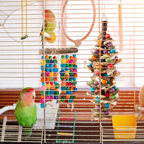Image of Seenelling 4 Pcs Extra Large Bird Toys for Parrots, Block and Ball | Multicolored Natural Wooden Blocks & Beads Bells, Bird Cage Chewing Toys for Large Medium Macaws African Grey Cockatoos