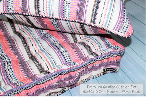 Image of Woven Quilted Floor Cushion Set 60x60x10 CM Multi Color Stripe with Fillers & Back Cushion, Large Size for Seating, Patio Seat, Meditation, Yoga, Pooja, Guests, Living 24x24x4 Inch