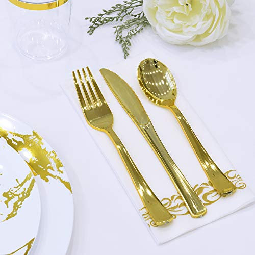 Vplus 175 Count White And Gold Marbling Plastic Plates Sets, Disposable Dinnerware Sets For Party, Include 25 Dinner Plates,25 Dessert Plates,25 Forks,25 Knives,25 Spoons,25 Cups, 25 Napkins #TOP3