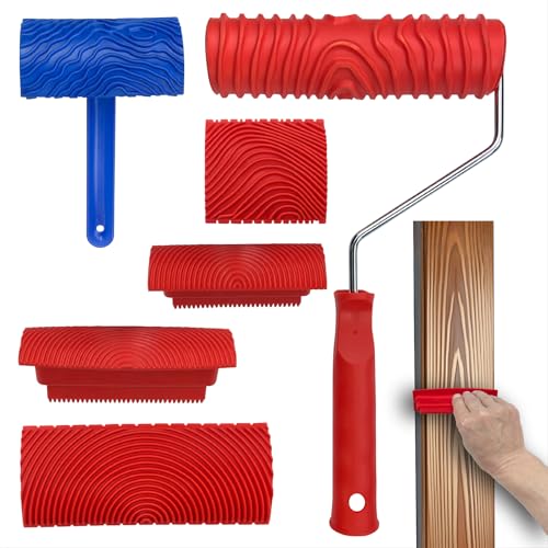 KingOrigin 6pcs Wood Grain Tool Set - 7 Inch Rubber Paint Rollers for Realistic Wood Texture | DIY Faux Wood Look on Desk/Door/Floors | Durable & Washable Graining Tools