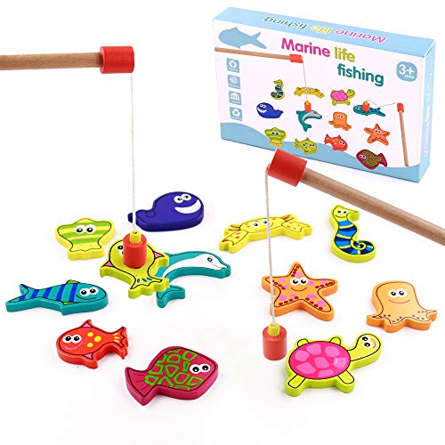 TONZE Jeu de Pêche Jouet en Bois Magnet Enfant 15 PCS Aimant de Peche Jouets pour Enfants Jeux Educatif Jouet Enfant Garçon Fille 3 4 5 Ans avec Aimant Jouet Canne À Pêche