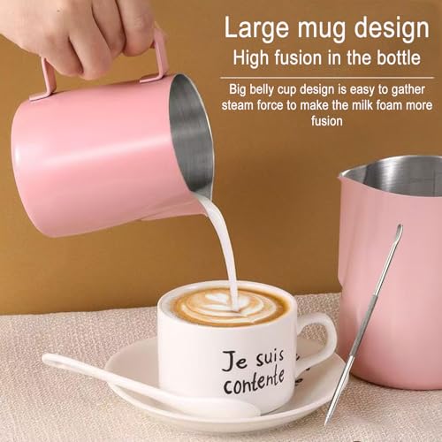 Milk Frothing Pitcher,Tianher Milk Jug Cup Stainless Steel Frothing Pitcher 350ml with Measurement and Latte Decorating Art Pen for Barista Making Coffee Cappuccino(Pink) - Image 2