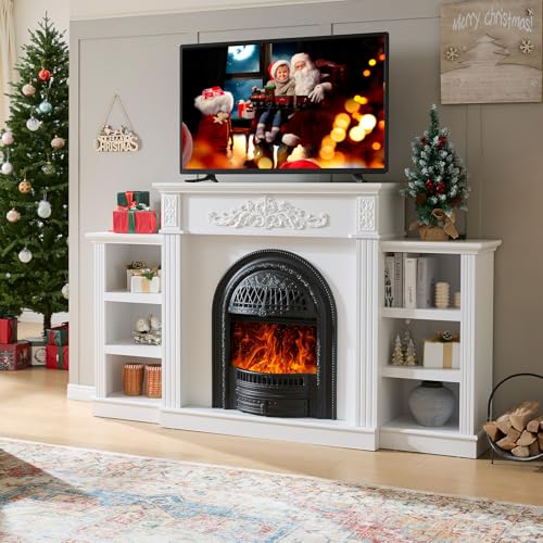 Image of 78 inch Electric Fireplace with Mantel, Electric Fireplace Heater Entertainment Center with Storage, TV Stand for TVs Up to 90 Inch, Stacked Stone Surround 30'' Fireplace Insert Heater Living Room-White