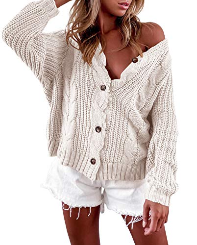 LAICIGO Womenâ€™s Button Down Cardigan Sweaters Open Front Cable Knit Off Shoulder Long Sleeve Baggy Crop Outwear Beige