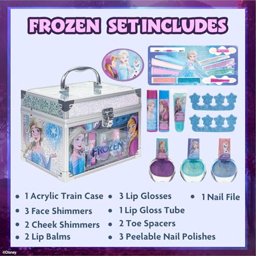 disney frozen train case beauty set kids makeup kit for girls real washable makeup set play makeup party favor birthday ages 3 4 5 6 7 8 9 10 11 12 by townley girl
