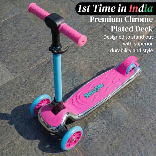Image of STREETJAM Kurbee Kids Kick Scooter for 3-12 Years, Dazzling Chrome-Finished Deck (1st Time in India), BIS Approved, Extra Wide Deck, Two-Tone Design, Up to 50 kg Load (Magenta with Cyan Blue)