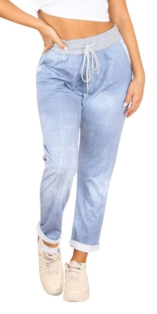 Wearall Women's Light Denim Tie Dye Floral Print Drawstring Elasticated Trousers Jogging Bottoms Pants 20-22