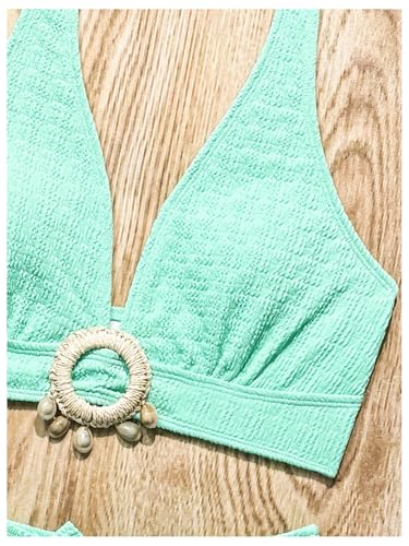 MakeMeChic Women's 2 Piece Bikini Sets High Waisted Textured Halter Tie Back Knot Shell Summer Swimsuit Bathing Suit4