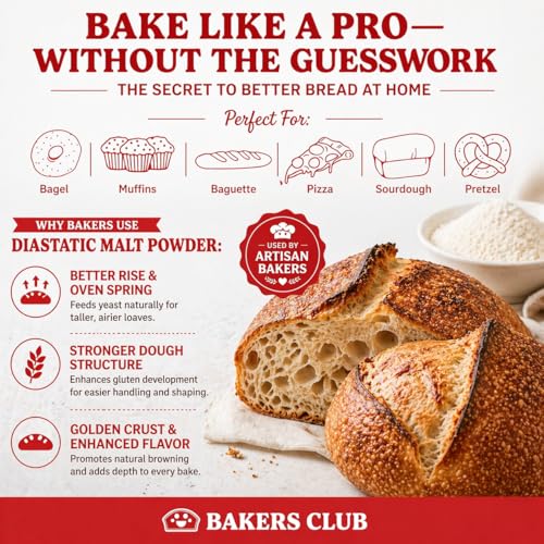Image of Bakers Club Artisan Diastatic Malt Powder 10oz - Enhance Flavor, Crust, Rise, Texture - Baking Bread, Pizza Crust, Pretzels, Desserts, Muffins, Bagels, Sourdough, Milkshakes - Made in USA, Malted Barley Flour 10oz