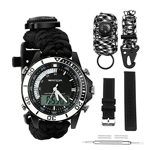 Digital Survival Sport Watch - Waterproof Emergency Military Dual Dial Watch Adjustable 5 Time Patterns Multifunctional 3 Interchangable Wristband Bracelet Watch with Survival Gear