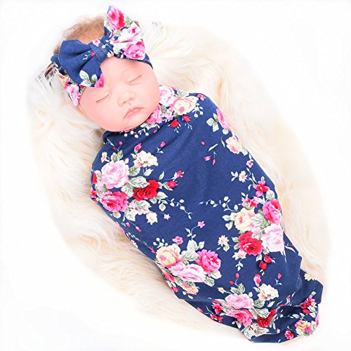 Newborn Receiving Blanket Headband Set Flower Print Baby Swaddle Receiving Blankets Galabloomer
