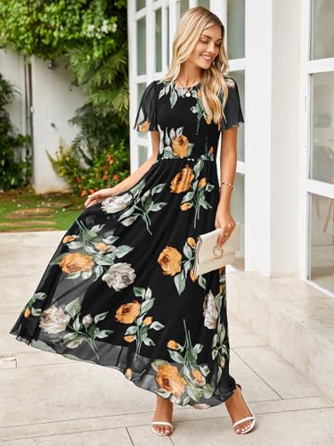 Simplee Womens Summer Floral Casual Maxi Dresses Flutter Short Sleeve Crew Neck Smocked Chiffon Boho Flowy Dress2