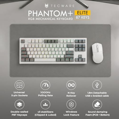 Image of TECWARE Phantom+ Elite 87 Key RGB Mechanical Gaming Keyboard | 3 Mode Wireless Bluetooth 5.0 2.4GHz & USB C Wired | Hot Swappable 5 Pin | Double Shot PBT Keycaps | Wraith Pink Switch - White