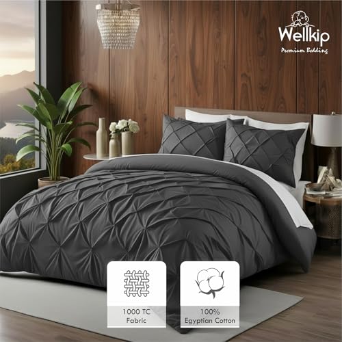 Image of Pinch Pleated Duvet Cover Set 1000TC 100% Cotton Premium 3-Pieces 1-Duvet Cover & 2-Pillow Cover Luxury Look Home and Hotel Zipper & 8-Tie Closure (Dark Grey, Double 90 X 100 Inch)