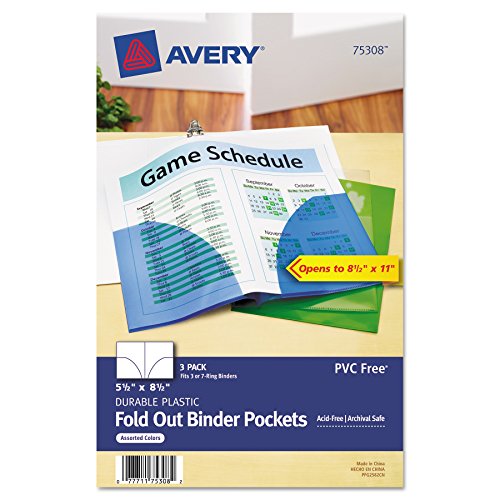 Avery 75308 Small Binder Pockets, Fold-Out, 5 1/2 x 9 1/4, Assorted (Pack of 3)