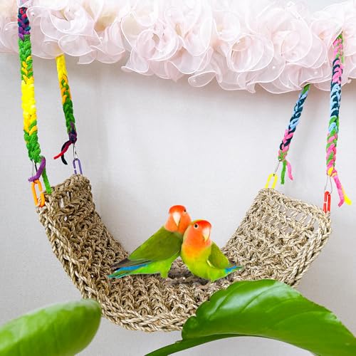 Image of 2Pcs Bird Seagrass Mat 20.5x8'' Natural Grass Woven Net Hammock Hanging on Cage Parakeet Climbing Rope Ladder Chew Toys for Lovebird Cockatiel Conure Budgie Cockatoo