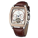 FORSINING メンズ 自動巻きトゥールビヨン アナログ 完全カレンダー トノー型 腕時計 レザーストラップ付き, モダン