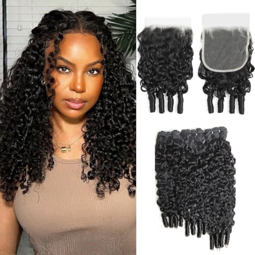Burmese Curly Bundles Human Hair with 5x5 HD Lace Closure Plucked 14 16 18 Inch+12 In 12A 100% Unprocessed Brazilian Virgin Hair 3C4A Water Wave Quick Weave with Spiral Curly Ends Natural Color