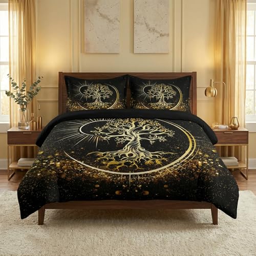 WeCozy Queen Size Comforter Set with 2 Pillowcases, Nature Tree of Life 3 Pcs Bedding for Kids and Adults, Black Sun and Moon Soft Comforter Set for Bedroom Bed Decor