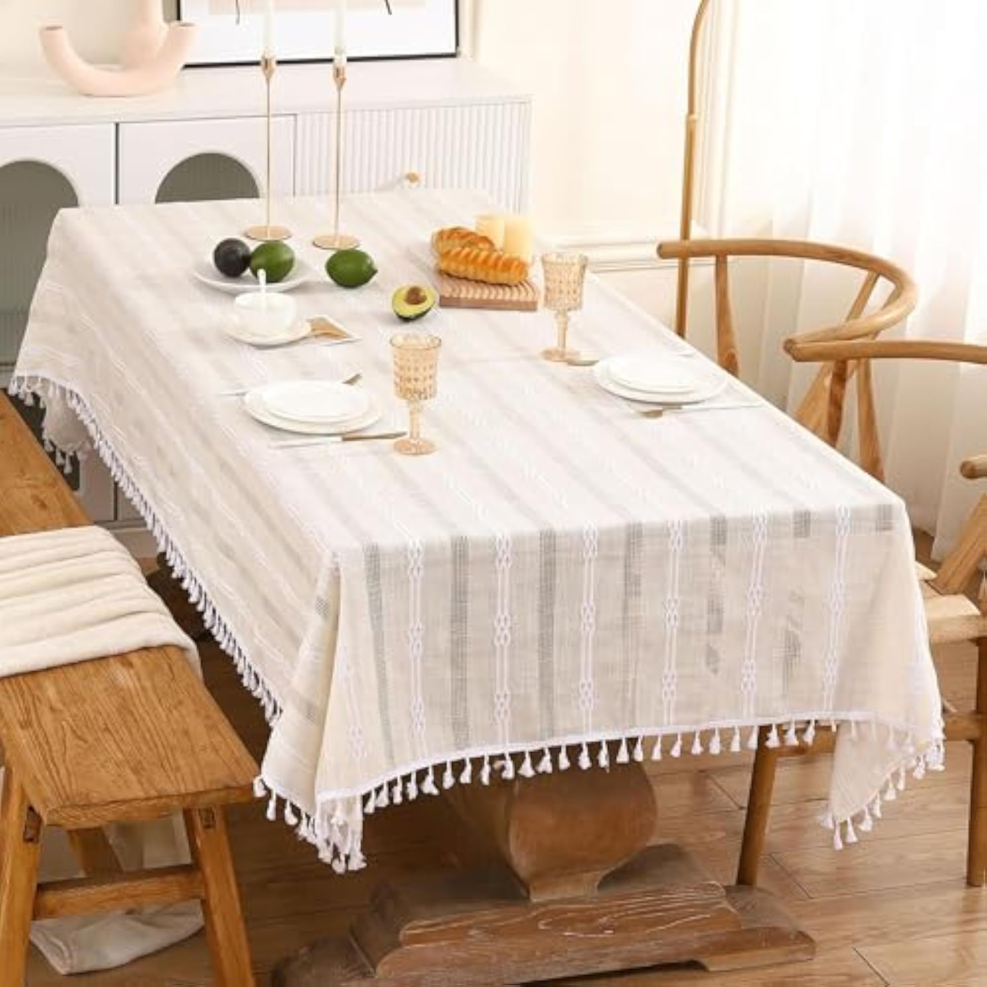 Farmhouse Dining Table Cover with Embroidery & Tassel Edges