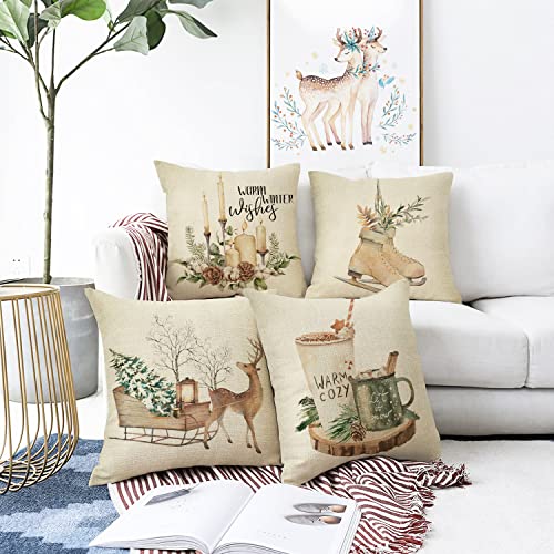 Ussap Warm Winter Wishes Decorative Throw Pillow Cover Set Of 4, Reindeer Elk Skating Boots Let It Snow Decoration, Christmas Pine Tree Cones Candle Hot Cocoa Farmhouse Sofa Cushion Case Decor 18 X 18 #TOP2