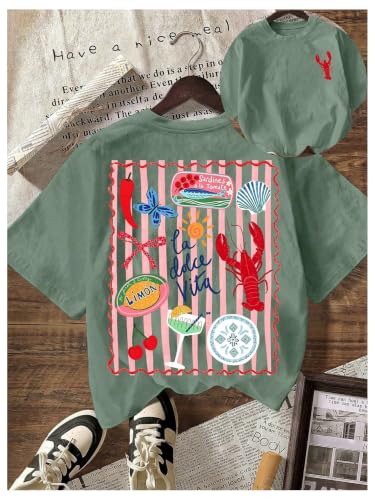 Image of RoseSeek Women's Graphic Letter Tee Crew Neck Trendy Summer Vintage T Shirt