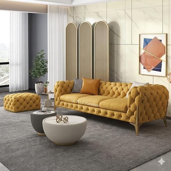Image of A to Z Furniture Modern Classic Fabric & Valvet Tufted Chesterfield Sofa Living Room and Office (3+1= 4 Seater Sofa Set with Footrest Mustard Yellow)