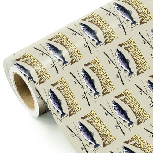 WRAPAHOLIC Fishing Wrapping Paper Roll - Mini Roll - 17 Inch x 16.5 Feet - Fishing Rod and Fish Wrapping Paper for Men Birthday, Fishing Lovers, Father’s Day, Retirement